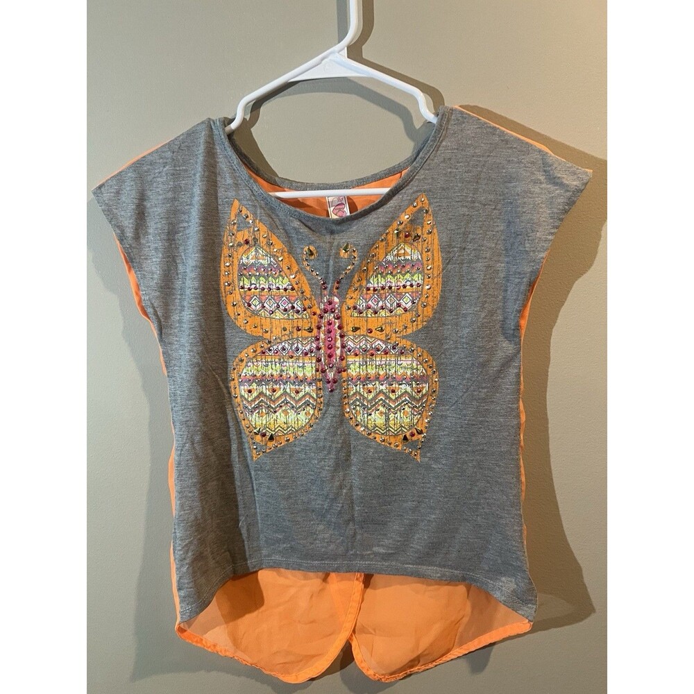 Knit Works Shirt Girls Medium Grey Orange Short sleeve Butterfly Sheer Back